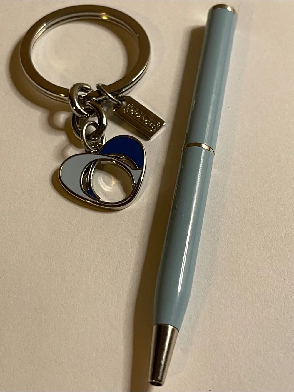 Coach Silver-Tone Heart Keyring with Navy and Light Blue Enamel & Pale Blue Pen